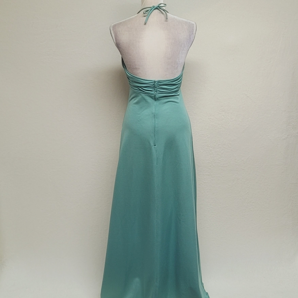 Infinity Vintage 60s Seafoam Green Stretchy Fabric Low Back Halter Maxi Dress - Picture 7 of 11